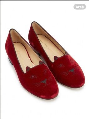 Vero Cuoio Red Velvet Cat-Embroidered Loafers